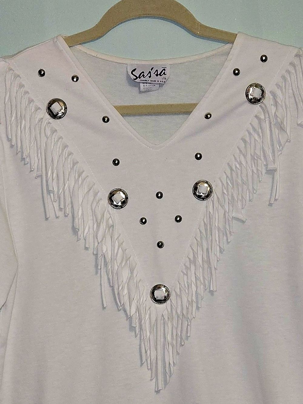 SAS'SA LTD 80s 90s Western Rockabilly Fringe Cowboy Rodeo Conchos Top M V-neck